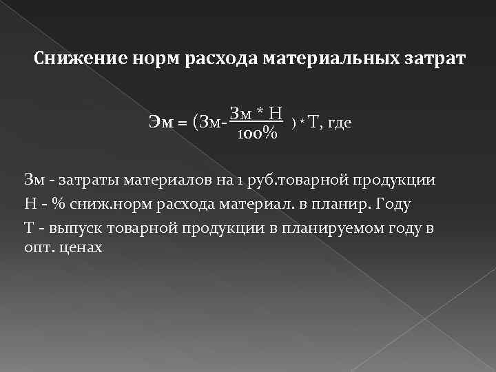 Снижение норм расхода материальных затрат Эм = (Зм Зм * Н 100% ) *