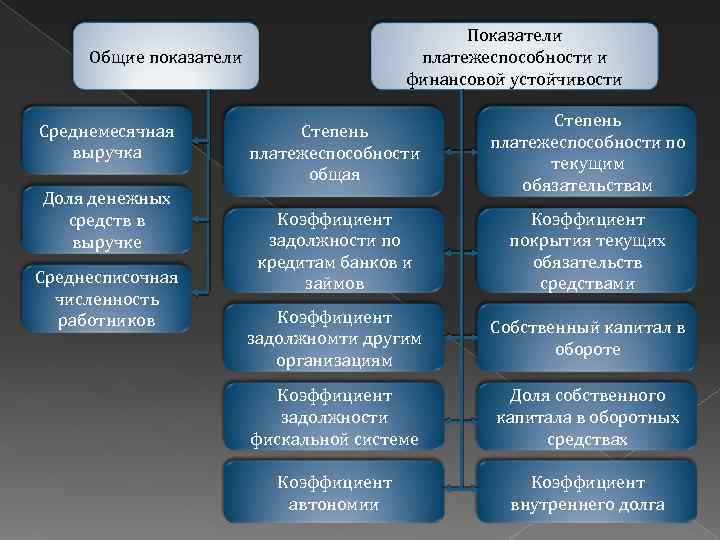 Показатели платежеспособности и финансовой устойчивости Общие показатели Среднемесячная выручка Доля денежных средств в выручке