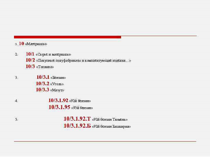 1. 2. 10 «Материалы» 10/1 «Сырье и материалы» 10/2 «Покупные полуфабрикаты и комплектующие изделия…»
