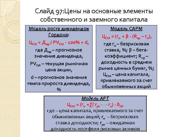 Слайд 97: Цены на основные элементы собственного и заемного капитала Модель роста дивидендов Гордона: