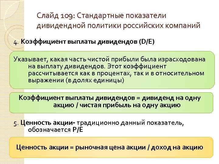 Слайд 109: Стандартные показатели дивидендной политики российских компаний 4. Коэффициент выплаты дивидендов (D/Е) Указывает,