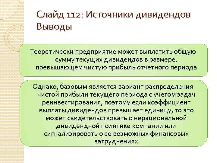 Слайд 112: Источники дивидендов Выводы Теоретически предприятие может выплатить общую сумму текущих дивидендов в