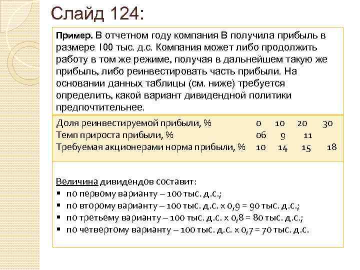 Слайд 124: Пример. В отчетном году компания В получила прибыль в размере 100 тыс.