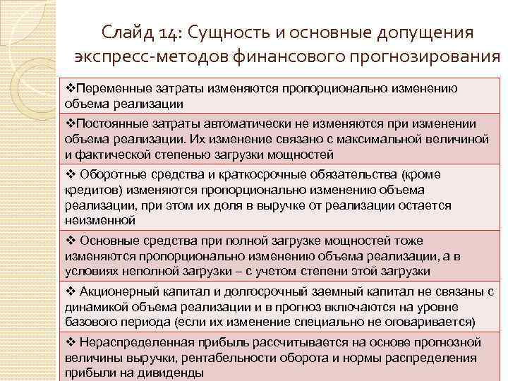 Слайд 14: Сущность и основные допущения экспресс методов финансового прогнозирования v. Переменные затраты изменяются