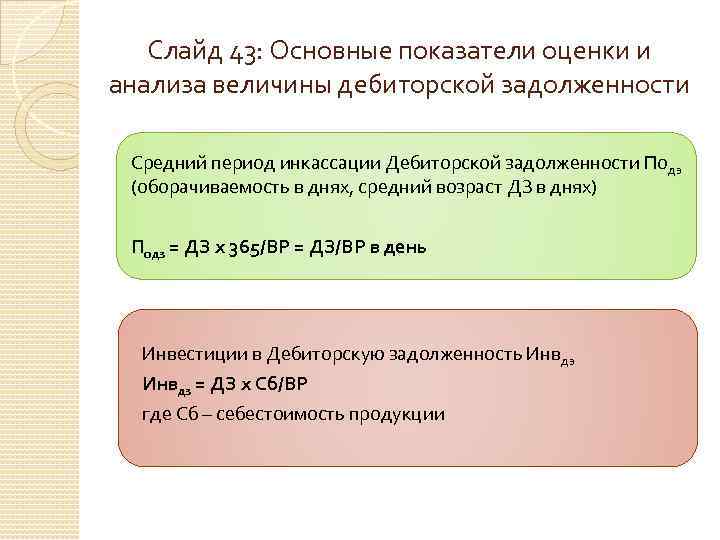 Слайд 43: Основные показатели оценки и анализа величины дебиторской задолженности Средний период инкассации Дебиторской