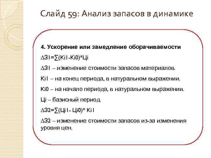 Слайд 59: Анализ запасов в динамике 4. Ускорение или замедление оборачиваемости ∆З 1=∑(Ki 1