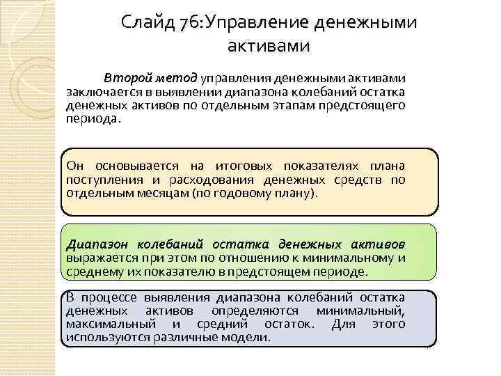 Слайд 76: Управление денежными активами Второй метод управления денежными активами заключается в выявлении диапазона