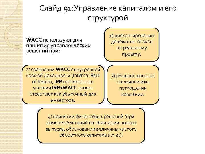 Слайд 91: Управление капиталом и его структурой WACC используют для принятия управленческих решений при: