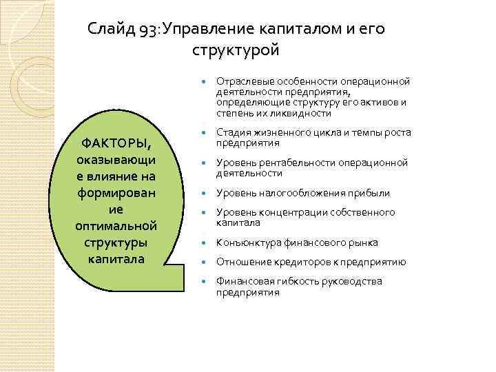 Слайд 93: Управление капиталом и его структурой ФАКТОРЫ, оказывающи е влияние на формирован ие