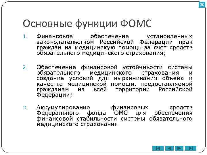 Основные функции ФОМС 1. Финансовое обеспечение установленных законодательством Российской Федерации прав граждан на медицинскую