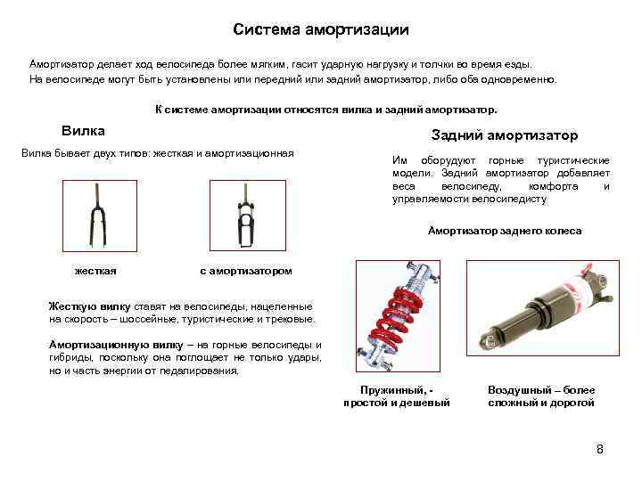 Система амортизации Амортизатор делает ход велосипеда более мягким, гасит ударную нагрузку и толчки во