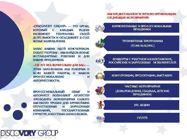 МЫ ПРЕДОСТАВЛЯЕМ УСЛУГИ ПО ОРГАНИЗАЦИИ СЛЕДУЮЩИХ МЕРОПРИЯТИЙ: «DISCOVERY GROUP» — ЭТО БРЕНД, КОТОРЫЙ С
