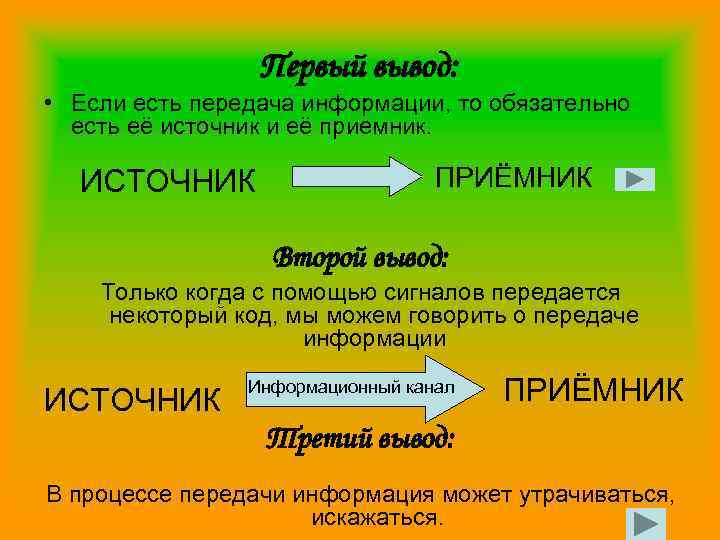 Первый вывод: • Если есть передача информации, то обязательно есть её источник и её