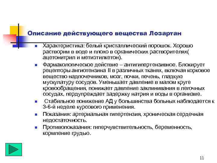 Описание действующего вещества Лозартан n n n Характеристика: белый кристаллический порошок. Хорошо растворим в