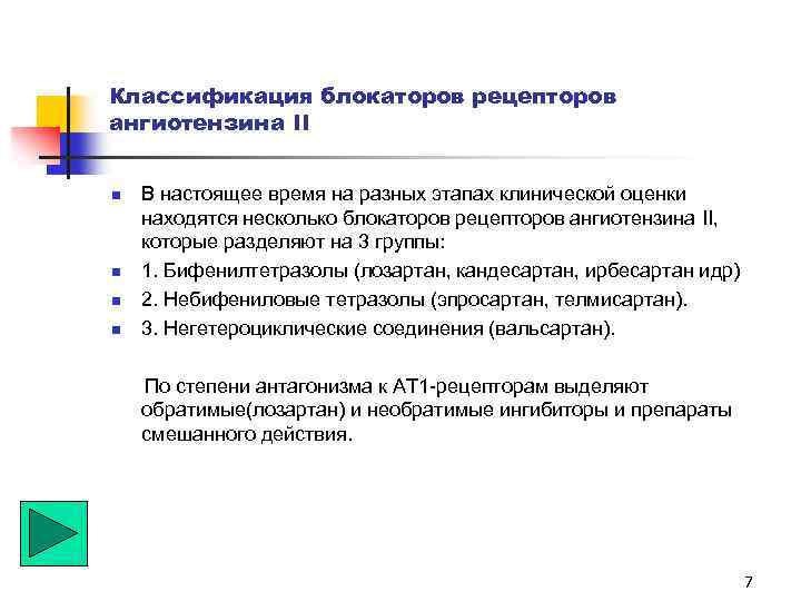 Классификация блокаторов рецепторов ангиотензина II n n В настоящее время на разных этапах клинической