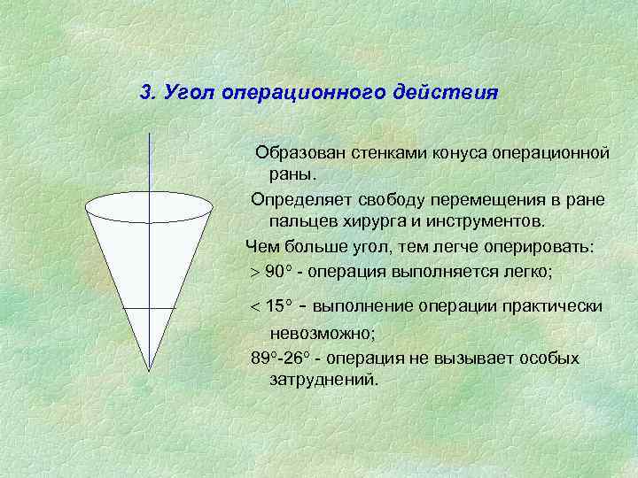 3. Угол операционного действия Образован стенками конуса операционной раны. Определяет свободу перемещения в ране