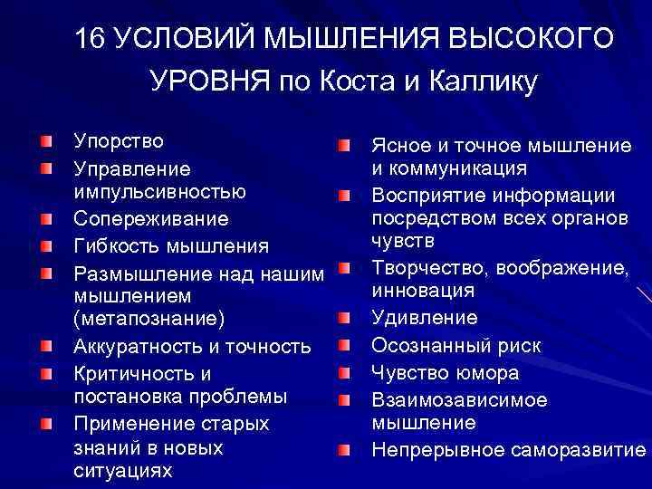 16 УСЛОВИЙ МЫШЛЕНИЯ ВЫСОКОГО УРОВНЯ по Коста и Каллику Упорство Управление импульсивностью Сопереживание Гибкость