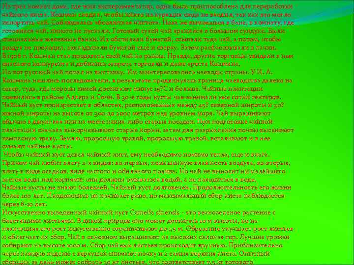 Из трех комнат дома, где жил экспериментатор, одна была приспособлена для переработки чайного листа.