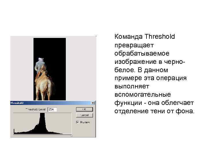 Команда Threshold превращает обрабатываемое изображение в чернобелое. В данном примере эта операция выполняет вспомогательные