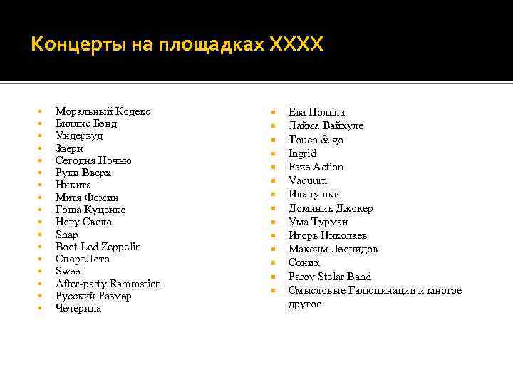 Концерты на площадках ХХХХ § § § § § Моральный Кодекс Биллис Бэнд Ундервуд