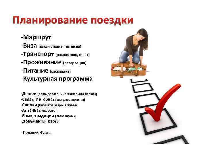 Планирование поездки -Маршрут -Виза (какая страна, тип визы) -Транспорт (расписание, цены) -Проживание (резервации) -Питание