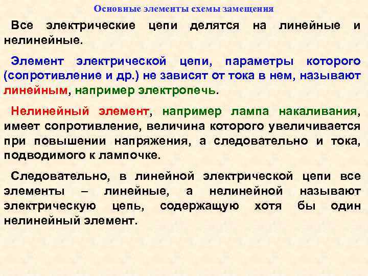 Основные элементы схемы замещения Все электрические нелинейные. цепи делятся на линейные и Элемент электрической