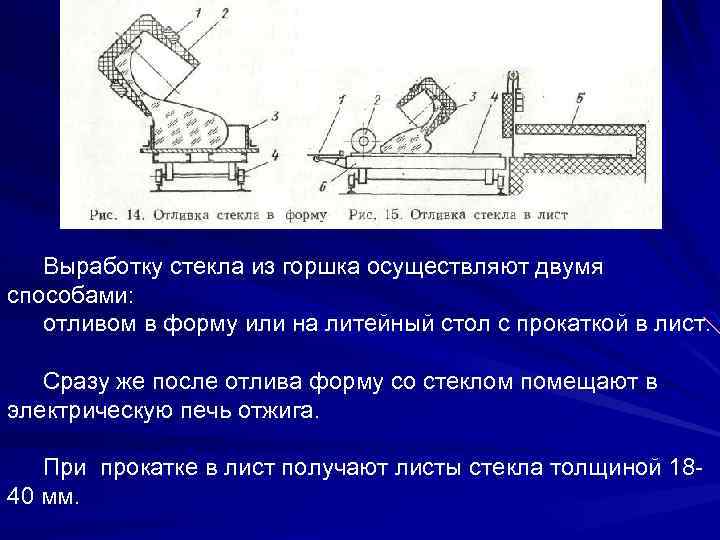 Выработку стекла из горшка осуществляют двумя способами: отливом в форму или на литейный стол