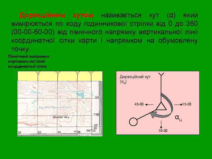 Дирекційним кутом називається кут (α) який вимірюється по ходу годинникової стрілки від 0 до