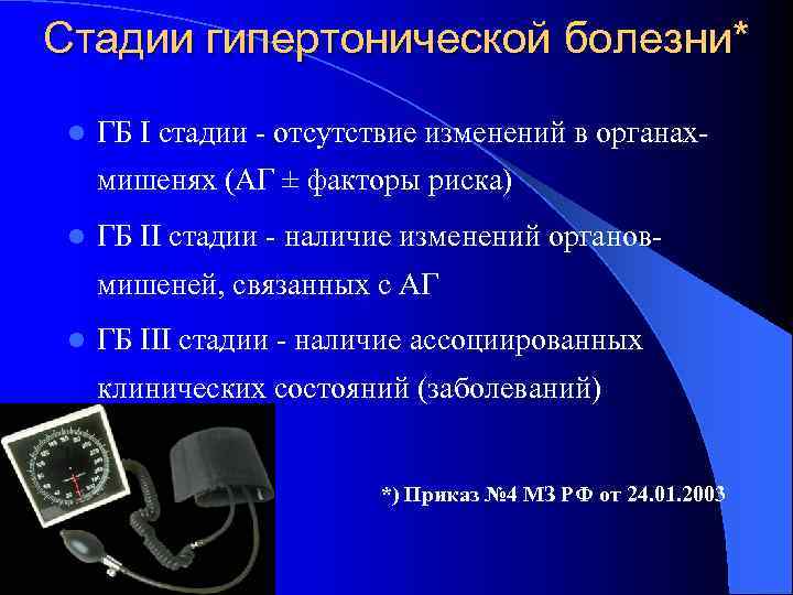 Стадии гипертонической болезни* l ГБ I стадии - отсутствие изменений в органахмишенях (АГ ±