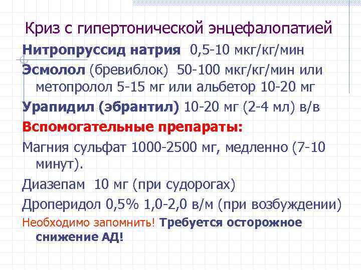 Криз с гипертонической энцефалопатией Нитропруссид натрия 0, 5 -10 мкг/кг/мин Эсмолол (бревиблок) 50 -100