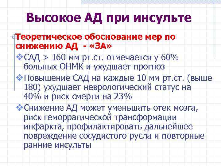 Высокое АД при инсульте Теоретическое обоснование мер по снижению АД - «ЗА» v. САД