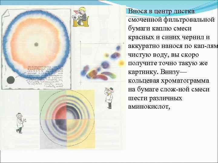 Внося в центр листка смоченной фильтровальной бумаги каплю смеси красных и синих чернил и