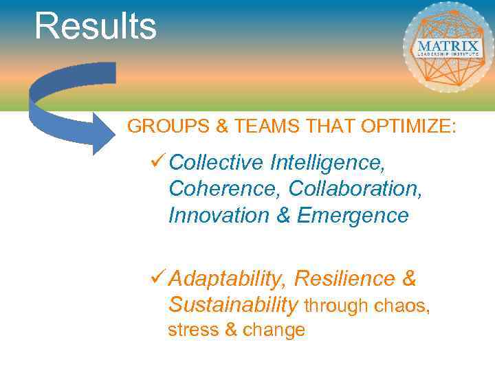 Results GROUPS & TEAMS THAT OPTIMIZE: ü Collective Intelligence, Coherence, Collaboration, Innovation & Emergence