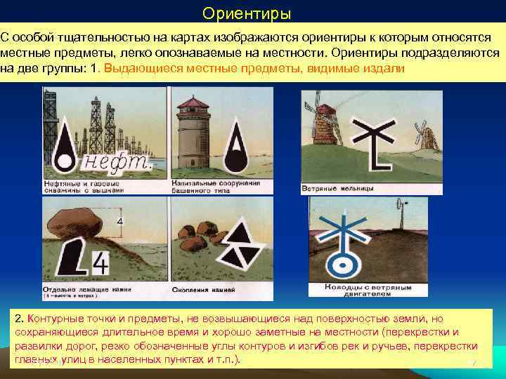 Ориентиры С особой тщательностью на картах изображаются ориентиры к которым относятся местные предметы, легко