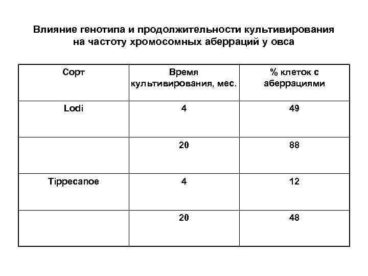 Влияние генотипа и продолжительности культивирования на частоту хромосомных аберраций у овса Сорт Время культивирования,