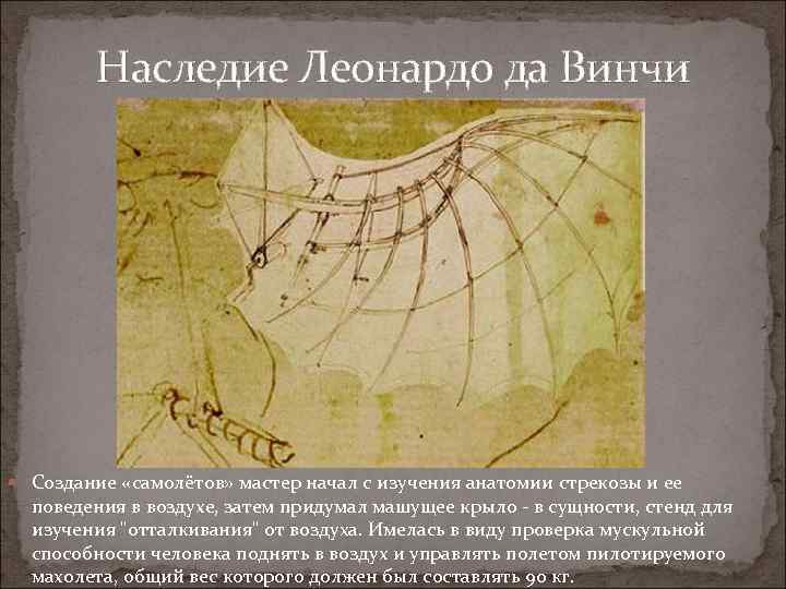 Наследие Леонардо да Винчи Создание «самолётов» мастер начал с изучения анатомии стрекозы и ее