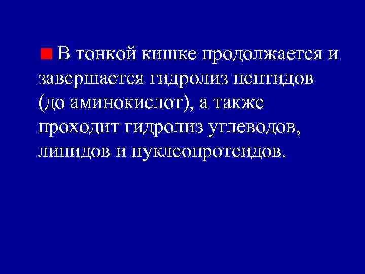 В тонкой кишке продолжается и завершается гидролиз пептидов (до аминокислот), а также проходит гидролиз