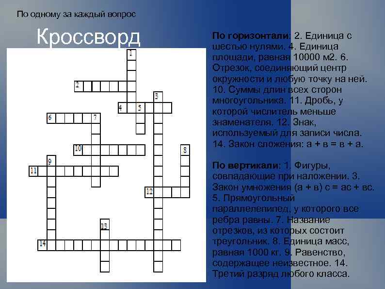 По одному за каждый вопрос Кроссворд По горизонтали: 2. Единица с шестью нулями. 4.