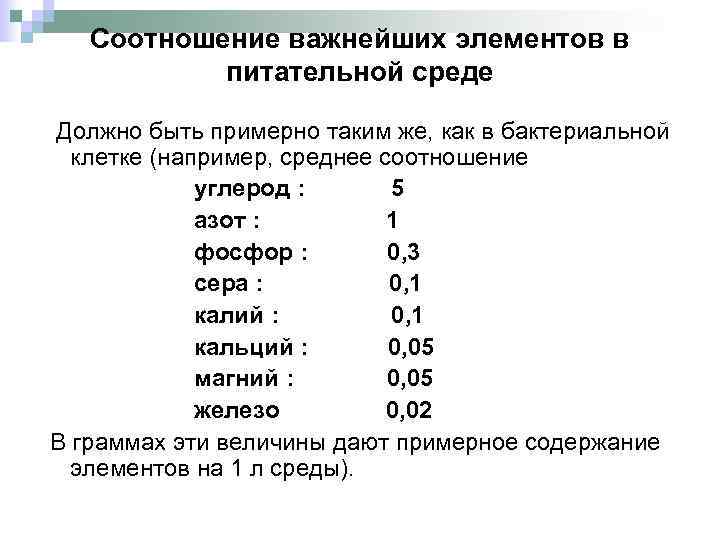 Соотношение важнейших элементов в питательной среде Должно быть примерно таким же, как в бактериальной