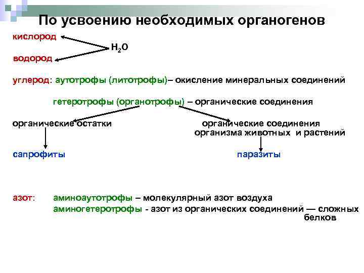 По усвоению необходимых органогенов кислород H 2 O водород углерод: аутотрофы (литотрофы)– окисление минеральных
