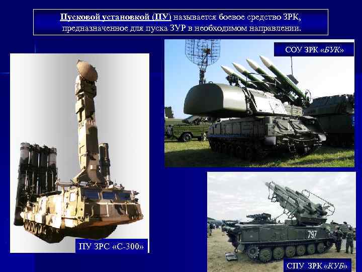Пусковой установкой (ПУ) называется боевое средство ЗРК, предназначенное для пуска ЗУР в необходимом направлении.