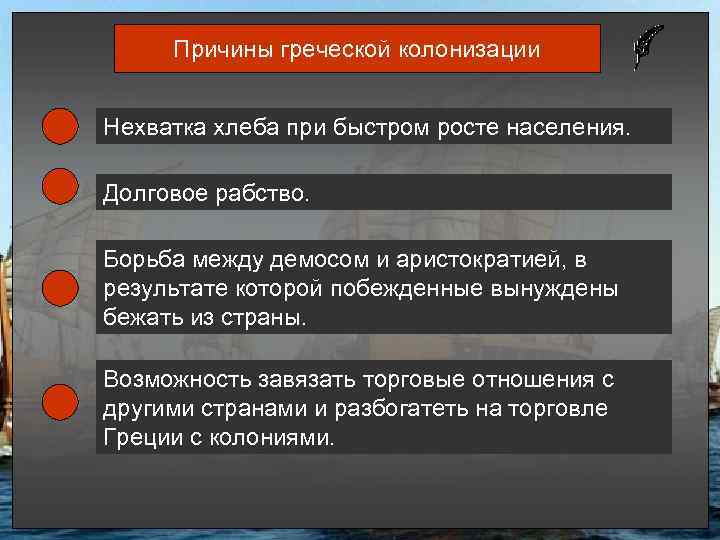 Причины греческой колонизации Нехватка хлеба при быстром росте населения. Долговое рабство. Борьба между демосом