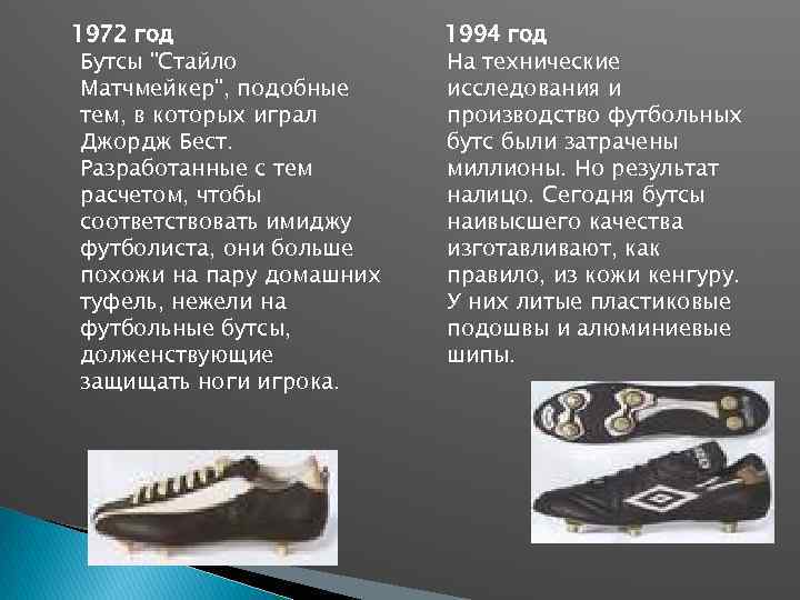 1972 год Бутсы "Стайло Матчмейкер", подобные тем, в которых играл Джордж Бест. Разработанные с