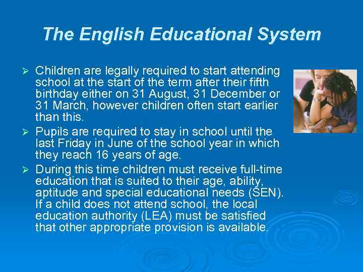 The English Educational System Children are legally required to start attending school at the