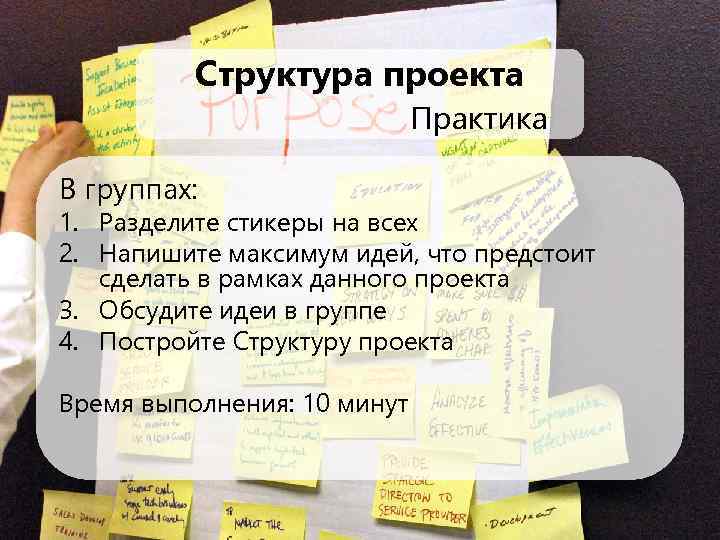 Структура проекта Практика В группах: 1. Разделите стикеры на всех 2. Напишите максимум идей,