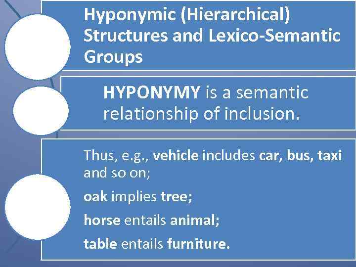 Hyponymic (Hierarchical) Structures and Lexico-Semantic Groups HYPONYMY is a semantic relationship of inclusion. Thus,