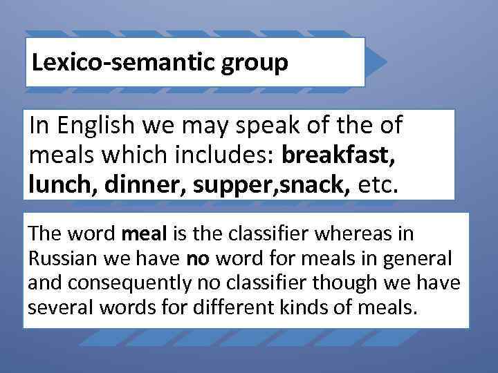 Lexico-semantic group In English we may speak of the of meals which includes: breakfast,