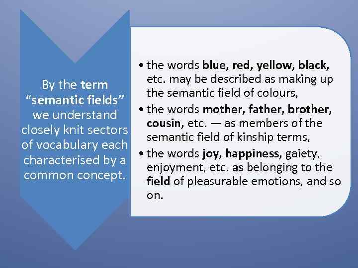 By the term “semantic fields” we understand closely knit sectors of vocabulary each characterised