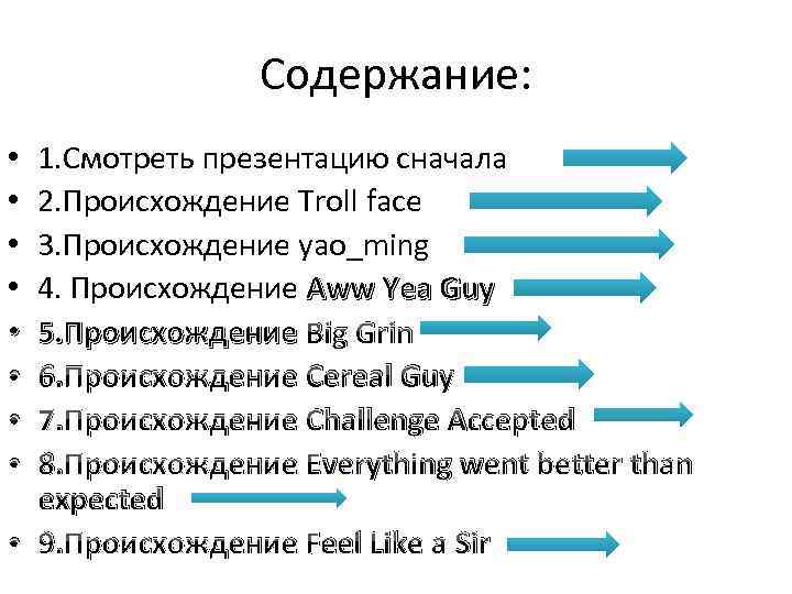 Содержание: 1. Cмотреть презентацию сначала 2. Происхождение Troll face 3. Происхождение yao_ming 4. Происхождение