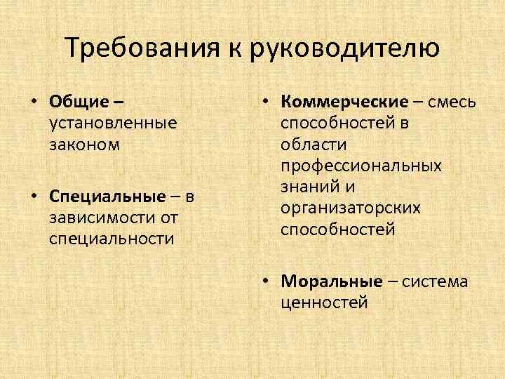 Требования к руководителю • Общие – установленные законом • Специальные – в зависимости от